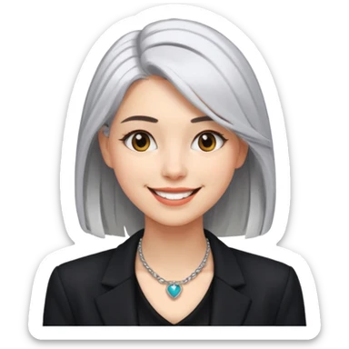young fashionable woman, shoulder-length silver hair, wearing a blazer and statement necklace, playful smile sticker