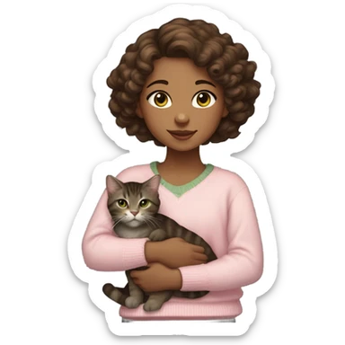 Dark Brown loose curly hair thats chest length light brown tan skin dark grey eyes young, holding only one dark brown tabby cat with white muzzle chest and paws and cat has yellowy green eyes. the girl wears a light pink sweater Simplified sticker