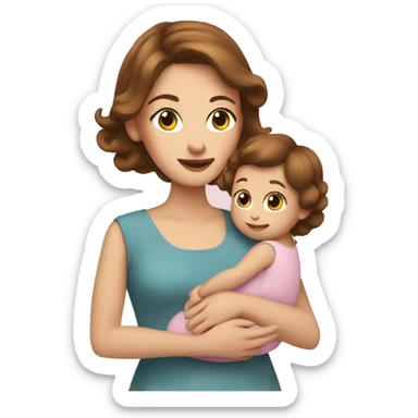 White woman with brown hair holding a baby girl with bow in hair sticker