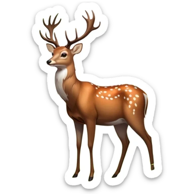 A majestic deer with large, branching antlers, standing in a serene forest clearing, surrounded by soft green foliage and dappled sunlight. The deer has a gentle expression, with a sleek, brown coat and white spots. The background is a blur of vibran sticker