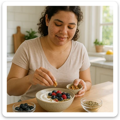young woman with PCOS preparing a healthy breakfast: bowl of Greek yogurt, berries, nuts, and seeds, morning atmosphere, realistic details, bright kitchen background sticker