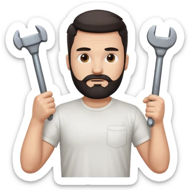  guy who looks very handsome, he has a dark beard, wears a white tee shirt and holds a wrench in one hand and a black hammer in the other hand sticker