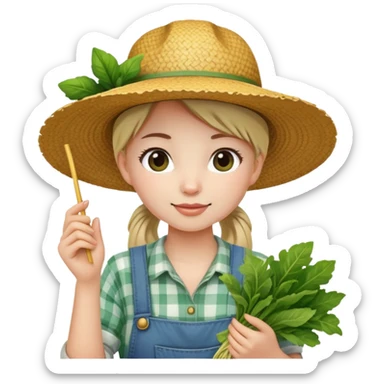 farmer girl, white skin , with a straw hat, ponytail, holding greens in hand sticker