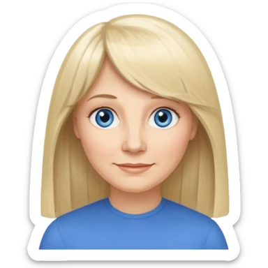 50 yr old white woman, curtain bangs, very long straight blond hair, oval face, small smile, blue eyes, thin face, hair down to elbows, round cheeks, pale sticker