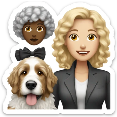 white woman with blonde hair with a large black and white bernedoodle sticker