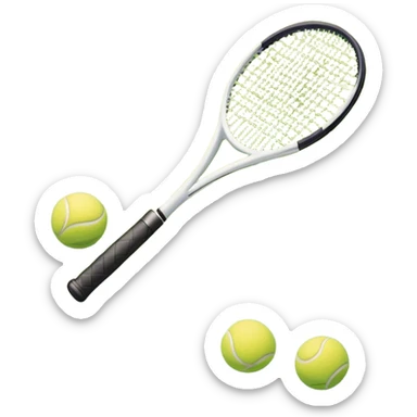 A tennis racket and ball placed on the grass court, with the lines of the court clearly visible in the background. The scene captures the essence of the sport, highlighting the equipment and the vibrant, open atmosphere of a tennis match sticker