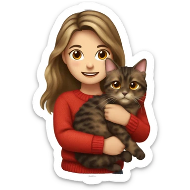 Tortoiseshell cat being held by a white girl with long wavy brown hair wearing a red sweater sticker