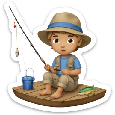 Little boy sitting on the dock fishing, felt texture, scrapbooking sticker