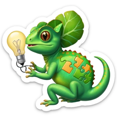 cameleon qui tien une piece de puzzle dans une main et une ampoule dans l'autre et un cerveau sur la langue sticker