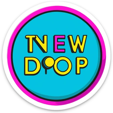 Minimalist sticker with white 'tt' letters on a black circle with cyan, magenta, and yellow dots below, NEW DROP text with street style influence sticker