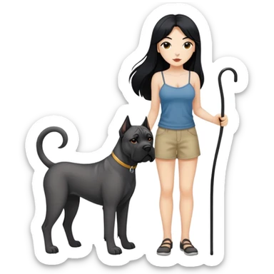 Woman with long black hair wearing spaghetti strap top holding a black Cane Corso dog with cropped ears and short tail sticker