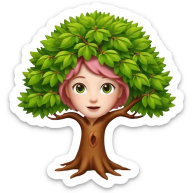 Style memoji iphone. Un petit sapin vert sylvestre, féminin, regard malicieux, tâches de rousseurs délicates, joues roses. Yeux de biche brillants en forme amande, yeux couleur ambre, tronc couleur acajou. Sapin en mouvement, incurvé pour un effet vivant. sticker