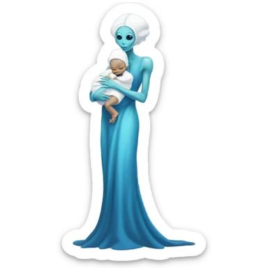  Reptilian alien woman , full body, in blu elegant dress , holds a newborn white humman baby sticker