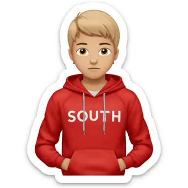 make me an emoji of an americain 19 yearold boy in a red hoodie that says "south" on it and give him with tan skin with his hands in his hands in his pocket not grining flexing his muscles sticker