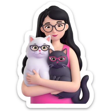 Skinny woman with oval glasses, long straight black hair, pink cheek blush, wearing white sleeveless top, hugging a grey Persian-Angora cat, plain background sticker