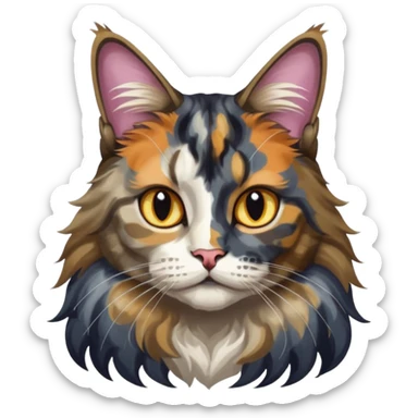 Maine coon black silver tortie et blanc avec une grosse tache noir sur un côté de la tête qui vient comme pour faire une moustache avec des couleurs assez vives  sticker