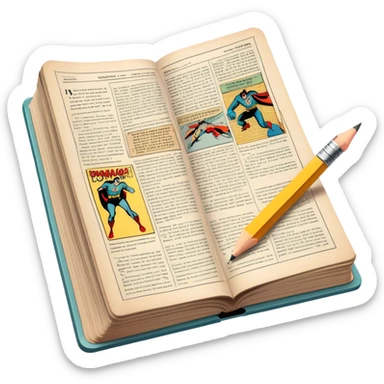 Create a detailed emoji representing the process of writing texts for comic books. The design should feature a large, open comic book with vintage comic strips visible on its pages. A pencil should be shown writing text on one of the comic panels, but without a hand. The pencil should appear as though it is actively creating the dialogue or narration. Use a classic color palette with muted tones for the comic book and brighter accents on the pencil to draw attention to the writing process. Do not include any emojis or smiley faces. Make the background transparent. sticker