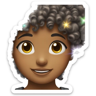 A cute girl with bangs with sparkles around her ad curly hair, smiling(also bubbles around her) sticker
