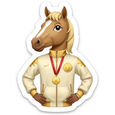 anthropomorphised horse in a hip-hop outfit, wearing a gold medal sticker