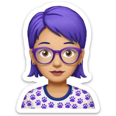 50-year-old woman with hair that is navy blue, purple glasses, and brown eyes, in a shirt with small pawprints all over it. sticker