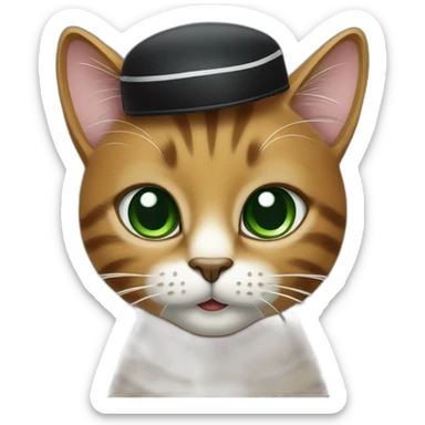 Brown cat with black stripes and white mustache and the contour of the white mouth and green eyes with a brush pencil and a beret sticker