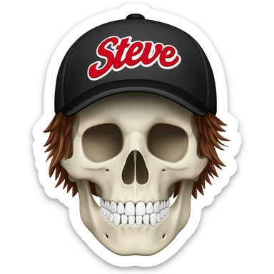 Create a skeleton head wearing a black baseball cap that says " Steve " in red, and white lettering, with brown hair sticker