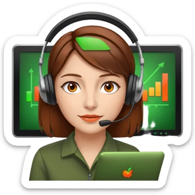 woman, brown hair, middle european, wearing a headset. she is controling limits on screen: green = ok, orange = bald überschritten, re = limite überschritten sticker