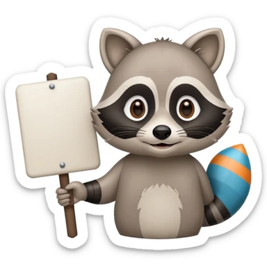 soft raccoon mascot holding a blank sign, neutral calm colors, gentle smile, rounded shapes, clean outline, safe educational style sticker