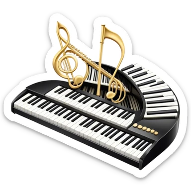 Create an elegant and festive emoji collage representing keyboard instruments, styled like a heraldic emblem. The design should feature a central focal point of black and white piano keys, arranged in a semi-circular or shield-like shape. Around the piano keys, add intertwining musical notes that form flowing ribbons, creating a dynamic and celebratory atmosphere. The design should be professional, with polished silver and gold accents on the keys and notes, highlighting the luxury and sophistication of the instruments. Add subtle shading and lighting effects to give the design a refined, 3D appearance. The background should remain transparent, and the overall feel should evoke grandeur, artistry, and a sense of celebration. sticker