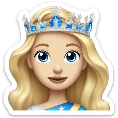 Long blonde hair blue eyed beauty queen with crown on and sash that says American united miss preteen sticker