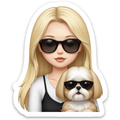 Blonde girl with long hair wearing black sunglasses and pale skin holding tan Shih Tzu  sticker