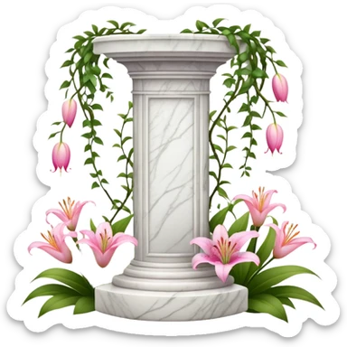 White tall marble pedestal with vines growing around it and pink lilies, beautiful romantic scenery  sticker