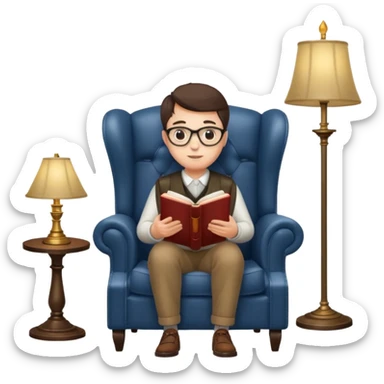 peruse at your leisure, person reading with small glasses in a wingback chair next to a lamp sticker