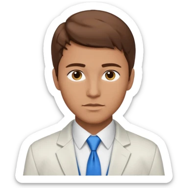 un homme type caucasien brun plutot jeune avec des jolies traits avec une chemise blanche et une veste a manche longues et cravate bleu il a les yeux marron sticker