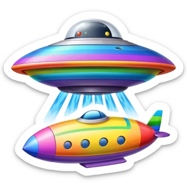 A colorful rainbow crayon character riding on top of a flying saucer UFO in space sticker