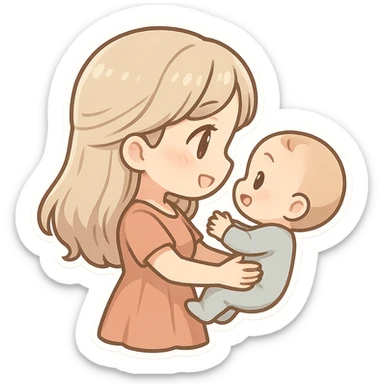 adult woman with long light hair holding a baby in her arms, they look at each other and smile, side view, chibi stickers style, thin clean outlines, soft rounded shapes, pastel palette, detailed shadows and highlights, soft lighting sticker
