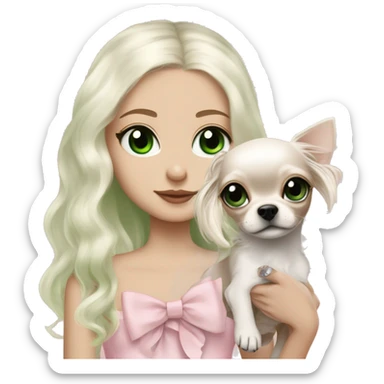 pale blonde girl with long platinum white wavy hair with bright green eyes and wearing a light pink hair bow holding a black and white long haired chihuahua puppy also wearing a hair bow sticker