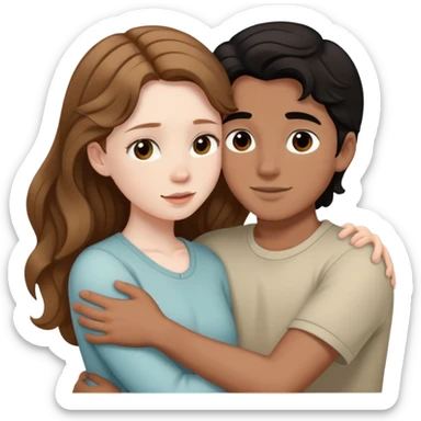 girl with long light brown hair and pale skin hugging a boy with short black wavy hair and tanned skin sticker