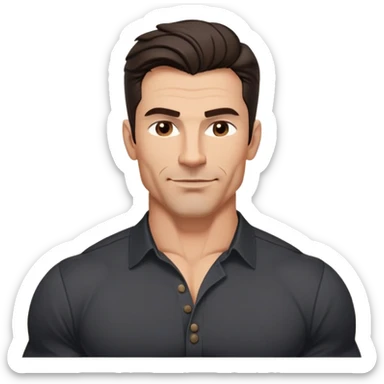 Muscular buff man in his 40s with youthful appearance, light brown skin, elongated face, defined jawline, attractive smirk, medium dark eyes, arched eyebrows, straight nose, strong broad shoulders, medium wavy dark hair with modern style, wearing a black buttoned-up shirt sticker