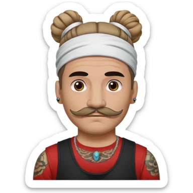 single bun hair man and mustache and face tattoos very heavy and headband sticker