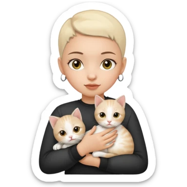 WHITE CAT, HAZEL EYES , BLACK BUZZ CUT LIGHT SKIN ROUND FACE GIRL hold kitten white  sticker