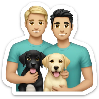 gay-couple,-1-guy-straight-blackhair australian-and-1-australian-white-guy-with-blackhair-slightly-curly-holding one light yellow labrador retriever puppy one labrador retriever puppy sticker