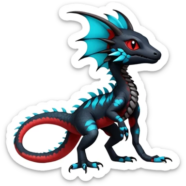 Rare realistic exotic edgy dark gothic gloomy spooky black and red/blue/cyan epic pretty beautiful handsome gorgeous aesthetic colorful vibrant Vernid-Trico-species-Fakemon-Salandit-hybrid-creature by LiLaiRa, 4 legs, 1 tail, random markings, (full body) sticker