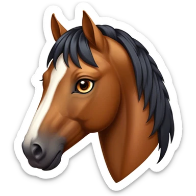 Cinematic Noble Bay Horse Portrait Emoji, Poised and regal, with a strong, athletic build and a rich, well-groomed bay fur accented by a dark mane and tail, deep-set soulful amber eyes, Simplified yet sharp and sophisticated features, highly detailed, glowing with a warm, dignified glow, high shine, intelligent and majestic, stylized with an air of equine elegance, focused and attentive, soft glowing outline, capturing the essence of a watchful and confident steed, so majestic it feels as though it could gallop out of the screen with effortless authority! sticker