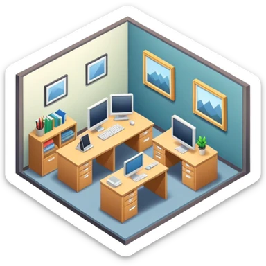 An isometric 3D room with two walls that meet at the back left and right. Office sticker
