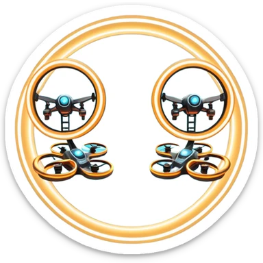 An icon featuring two racing drones flying at high speed through glowing rings on an obstacle course. Motion blur and a dynamic aerial path show intense competition. A controller appears in the corner. Transparent background highlights the thrill and precision of drone racing. sticker