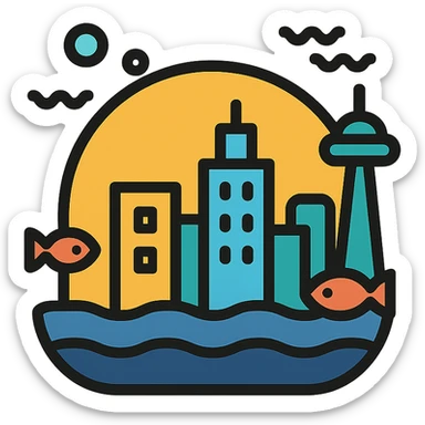 clean lines, color accents, underwater city sticker
