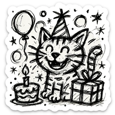 chaotic outlined icon of a ginger tabby kitten wearing a birthday hat, surrounded by a birthday cake, balloons, gifts, and a happy expression sticker
