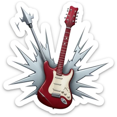 Create a fierce and edgy emoji representing hardcore rock vocal performance in a humanless collage. The design should feature a vintage microphone at the center,  surrounded by a menacing, distorted electric guitar with sharp, aggressive angles. Add crossed drumsticks behind the microphone to symbolize the rhythm and power of the drums. Include subtle elements like lightning bolts, flames, or jagged sound waves to evoke the raw energy and intensity of hardcore rock. Use dark, intense colors like black, red, and silver, with a metallic, gritty finish to convey the rebellious, aggressive spirit of the genre. The background should be transparent. sticker