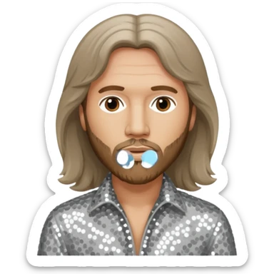Barry Gibb from Bee Gees with light grey sequin outfit, long brown hair sticker